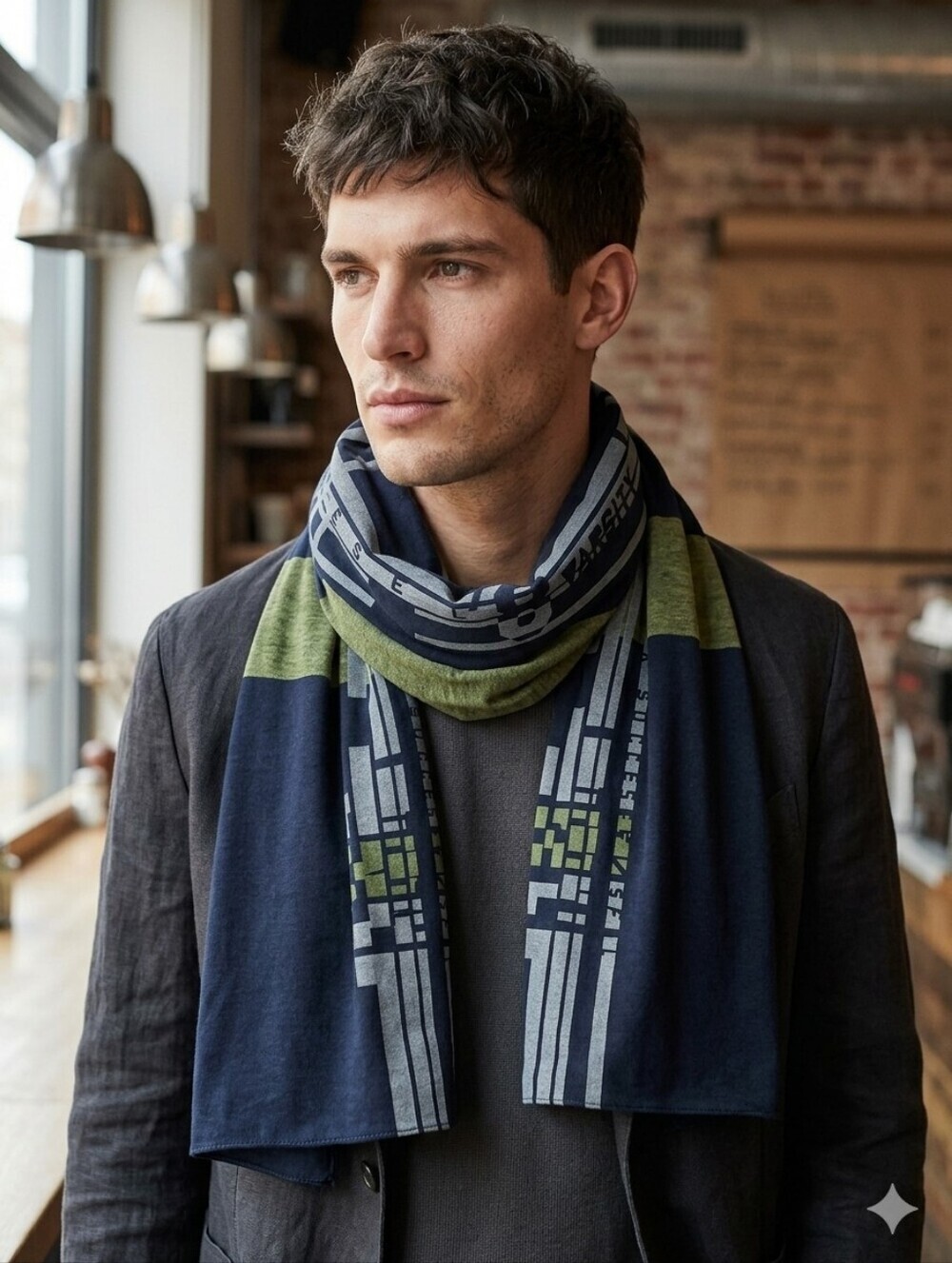 Diesel Varsity Black Plaid with Yellow and Gray Stripes Scarf